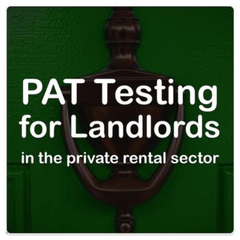 Image featuring a door knocker with the text "PAT Testing for Landlords in the private rental sector," highlighting the importance of PAT Testing for landlords in Lancaster to ensure safety and compliance with electrical regulations.