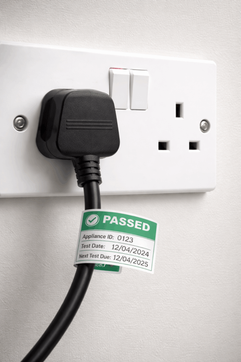 Close-up of a PAT testing label on an electrical appliance in Lancaster, indicating a passed status, with details about the test date and next due date, emphasizing the importance of PAT testing for businesses and landlords in ensuring electrical safety and compliance in the Lancaster area.