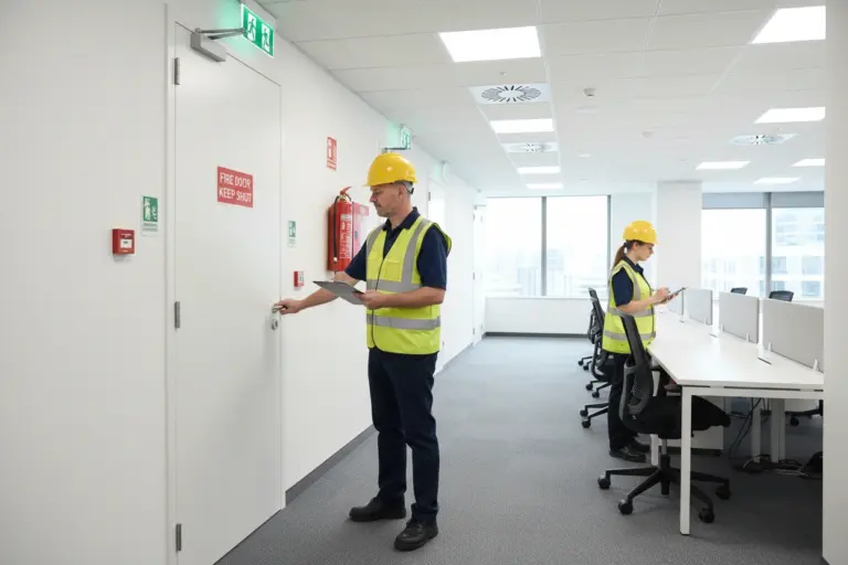 a professional safety inspector conducting an assessment in a modern UK office environment, checking fire safety equipment and documentation.